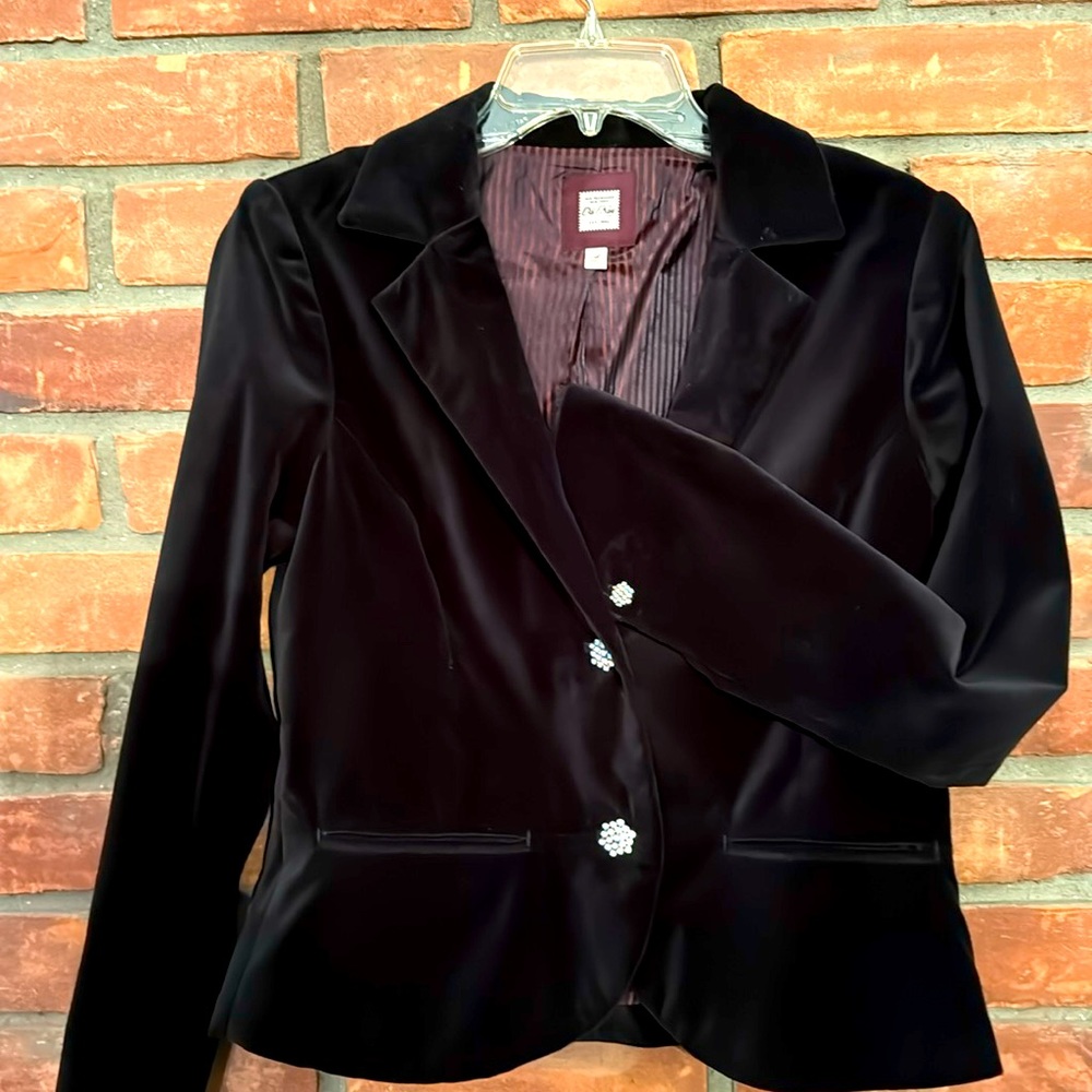 Black Velour Cropped Fitted Blazer with Rhinestone Buttons - Size M